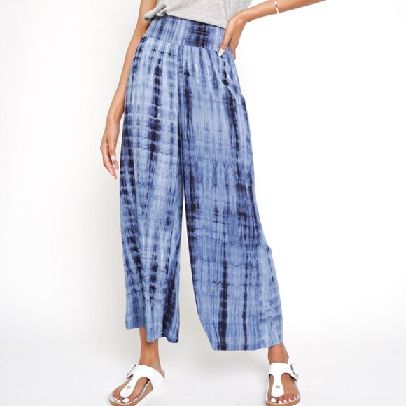 MYSTREE Blue Tie-Dye Smocked Waist Wide Leg Pants | Boho Comfy Summer Lounge - Picture 2 of 5